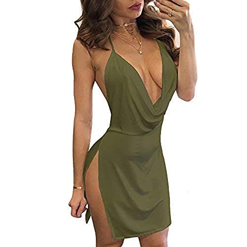 VANCOL Women's Sexy Deep V-Neck Mini Club Dress - Small - Army Green