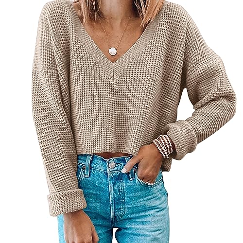 Jumppmile Womens V Neck Waffle Knit Cropped Top Long Sleeve Pullover Crop Sweater - Large - Oatmeal