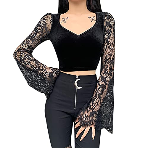 Women's Sexy Vintage Gothic Lace Flare Sleeve T Shirt Tops Hollow Out Retro Crop Tops for Halloween Party Festival - Medium - Black B