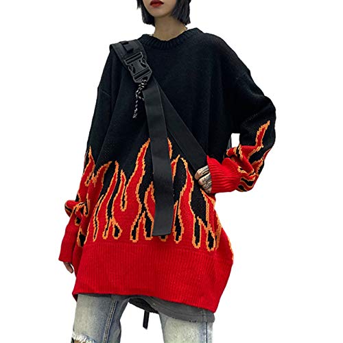 Women Sweater Long Sleeve Flame Bat Sleeve Jumper Oversized Casual Knitting Pullover Tops - One Size - Black