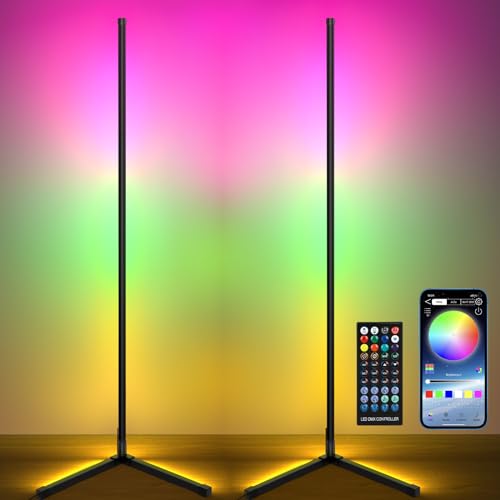 Hitish Corner Floor Lamp 2 Pack, 62.2” RGB Color Changing Mood Lighting Corner LED with Bluetooth & Remote Control, Dimmable Modern RGB Floor Lamp with Music Sync & Timing for Living Room, Gaming Room - Black 1 - 62.2” 2 Pack