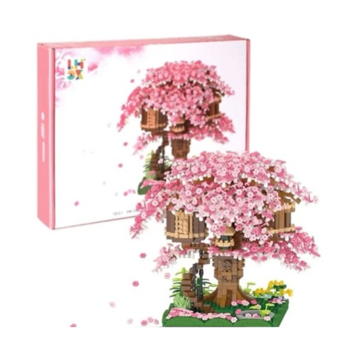 Romantic Sakura Tree House Building Block Model, 2028 Pieces of Girl Sakura Castle Building Toy, DIY Assembly Small Particle Building Toy Set Compatible with Lego