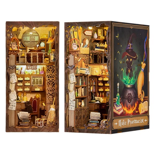 CUTEBEE DIY Book Nook Miniature Dollhouse Kit 3D Wooden Puzzle Booknook Bookshelf Insert Decor Bookends Model Build-Creativity Kit with LED Light (Magic Pharmacist )
