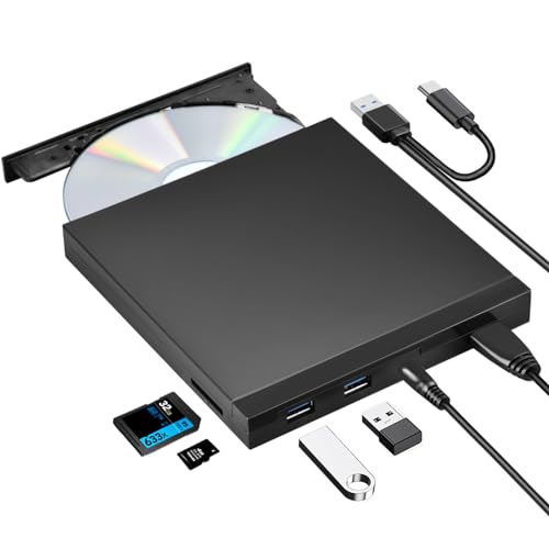 ROOFULL External CD DVD +/-RW Drive with SD Card Reader and USB Input Ports, Portable Slim CD DVD ROM Player Burner Writer for Laptop Desktop PC Windows 11/10/8/7, Mac MacBook Pro/Air, Linux - Black Drive
