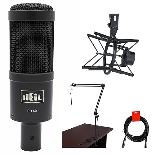 HEiL sound PR40 Large Diameter Dynamic Cardioid Studio Microphone, Black Bundle with Heil Sound PRSMB Shockmount, Two-Section Broadcast Arm, and XLR Cable