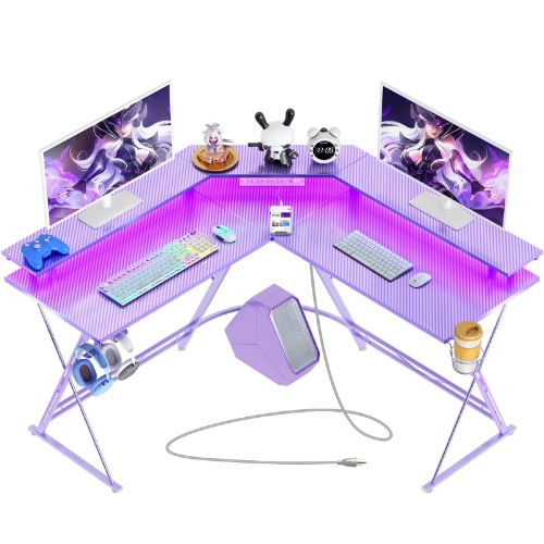 SEVEN WARRIOR Gaming Desk 50.4” with LED Strip & Power Outlets, L-Shaped Computer Corner Desk Carbon Fiber Surface with Monitor Stand, Ergonomic Gamer Table with Cup Holder, Headphone Hook, Purple - 