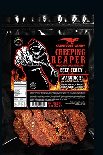 JURASSIC JERKY’S “CREEPING REAPER” Carolina Reaper Beef Jerky (2)-3oz Bag The Reaper is the HOTTEST Pepper in the world! Sweet with Heat~ - Ghost Pepper - 3 Ounce (Pack of 2)
