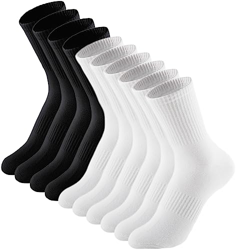 Irisbear Womens Crew Socks Casual Athletic Gym LightWeight Thin Cotton Socks 5 Pairs - 9-11 - White/Black