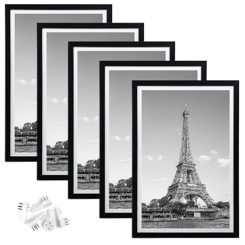 upsimples 12x18 Picture Frame Set of 5,Display Pictures 11x17 with Mat or 12x18 Without Mat,Wall Gallery Photo Frames,Black - Black 12x18