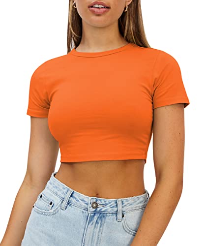 WYNNQUE Womens Crop Tops Cute Summer Scoop Neck Basic Tees Slim Fit Trendy Short Sleeve T Shirts for Teen Girls 2023 - Small - Orange