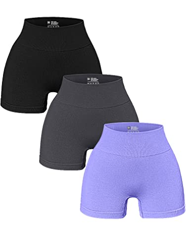 OQQ 3 Piece for Women Yoga Shorts Workout Athletic Seamless High Wasit Gym Leggings - Medium - Black Grey Purple