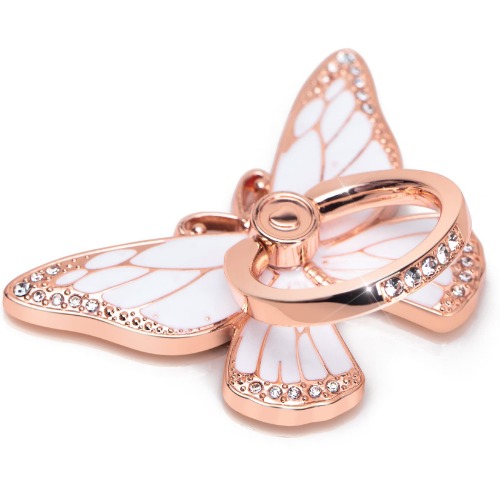 Butterfly Cell Phone Ring Holder, 360°Rotation Phone Ring Grip, Compatible with iPhone, Samsung Galaxy, LG Google Pixel, iPad, Rhinestones and Enamel (Rose Gold and White) - 