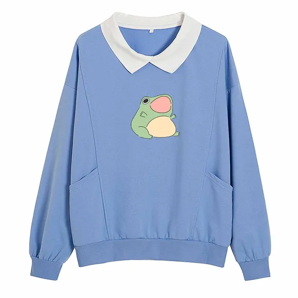 KIEKIECOO Frog Swearshirt Graphic Aesthetic Oversize Clothes Cotton Pullover Feminino Hoodies with Pocket Kawaii