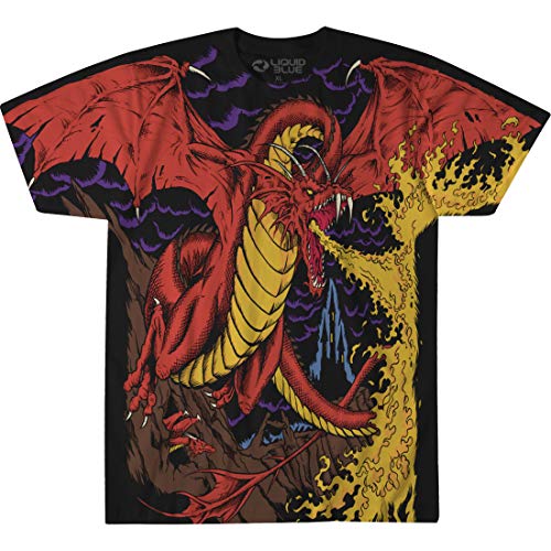 LIQUID BLUE Unisex Adult Dragon Vintage All Over Print Short Sleeve T-Shirt T Shirt, Black, Large US