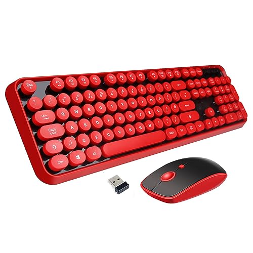 Wireless Keyboard Mouse Combo, 2.4GHz Typewriter Keyboard, Letton Full Size Office Computer Retro Keyboard and Cute Mouse with 3 DPI for Mac PC Desktop Laptop-Red - Red