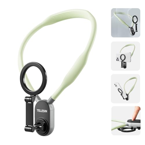 TELESIN° Magnetic Neck Mount for Phones, Cell Phone Holder Stand Hanging on Neck POV/Vlog Selfie Hand Free Necklace Phone Strap Video Recording for iPhone 15 14 13 12 Seires Android Phones (Green) - Green