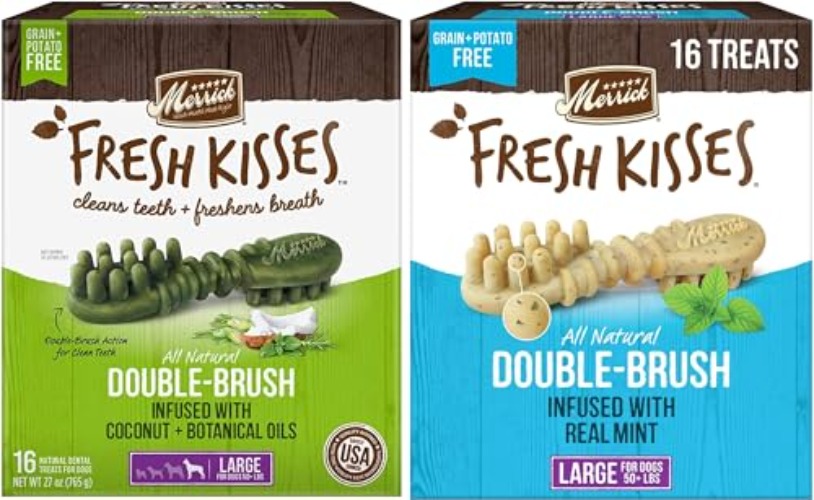(2 Pack) Merrick Fresh Kisses Double-Brush Dental Dog Treats, Infused with Coconut & Botanical Oils and Mint Breath Strips, Cleans & Freshens Breath for Large Dogs, 78 Dental Dog Treats/Pack (Large) - 2.25 Pound (Pack of 2)