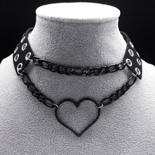 Black Heart Chain Leather Choker
