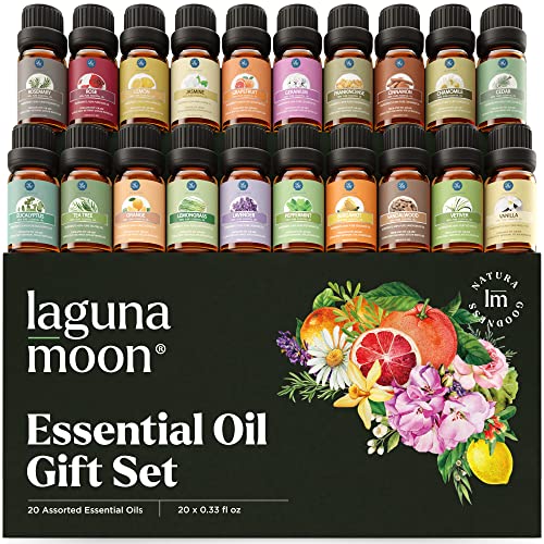 Essential Oils Set - Top 20 Gift Set Oils for Diffusers, Humidifiers, Massages, Aromatherapy, Candle Making, Skin & Hair Care - Peppermint, Tea Tree, Lavender, Eucalyptus, Lemongrass (10mL) - Multi-Scent with Gift Box - .33 Fl Oz (Pack of 20)
