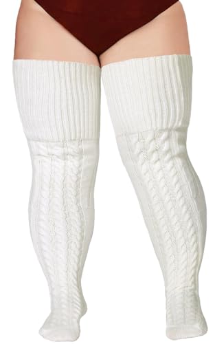 Wool Plus Size Thigh High Socks For Thick Thighs- Extra Long Womens Warm Cable Knit Over Knee Stockings Leg Warmers - One Size Plus - White
