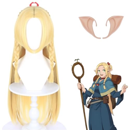 SisiruKou Anime Blonde Long Straight With Twin Braids Cosplay Wig for Women Girls Halloween Costume Party Synthetic Wig+(Elf ear) - 10066