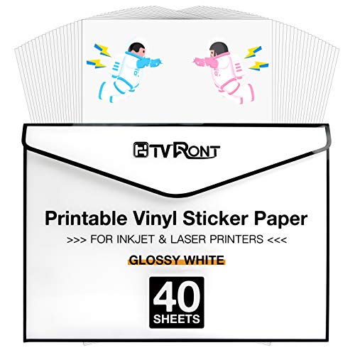 HTVRONT Printable Vinyl for Inkjet Printer & Laser Printer - 40 Pcs Glossy White Inkjet Printable Vinyl Sticker Paper, 8.5"x11" - Glossy White - 40Pack