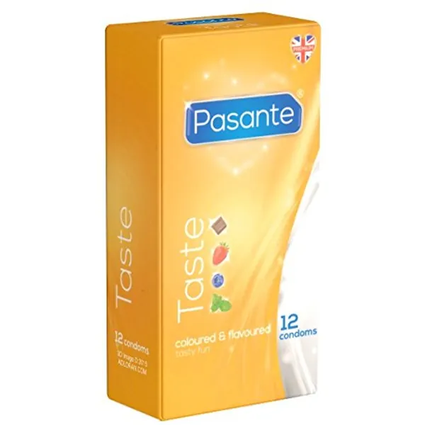 Pasante Taste, kleurrijke condooms met verschillende smaken (aardbei, bosbes, chocolade, munt), 1 x 12 stuks (verpakking van 12 stuks)