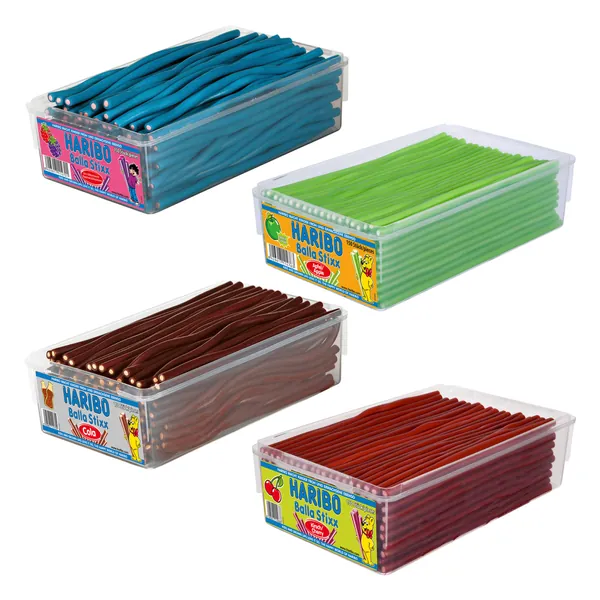 Haribo Balla Stixx Set (voorheen Balla Balla), rubberbeertjes, wijnrubber, vruchtrubber, 4 soorten, 4 x 1125 g