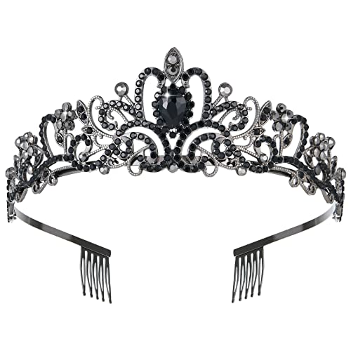 Black Tiaras and Crowns for Women, Crystal Queen Birthday Party Headband Princess Fairy Tiara for Girls Women's Halloween Costume Christmas Decorations Gifts Bride Bridal Wedding Prom Crown - Black(Pack of 1)