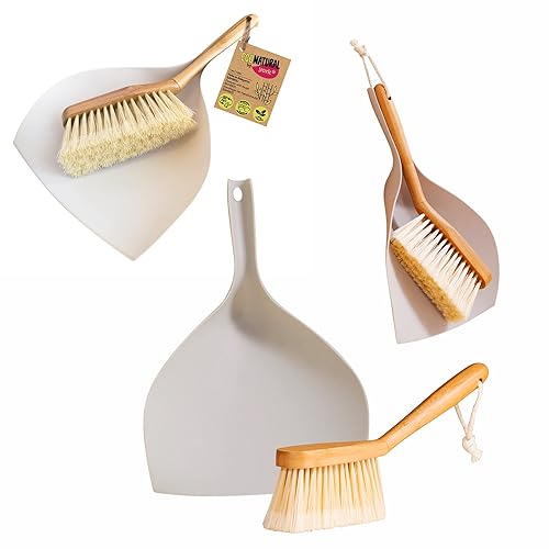 ECONATURAL by York Schaufel und Besen Klein Eco Natural | 34x25x7cm | Kehrschaufel Set aus Bambus | Besen mit Formschönem Griff Kehrblech Fest am Boden Anliegend, Braun und Weiß, 4062140-001740