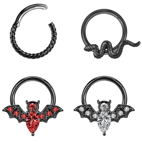 16G 316L Surgical Steel Nose Rings Hoop, Cute Lip Rings Helix Cartilage Rook Earrings Clicker Septum Hoops, Bat Bee Snake Body Piercing Jewelry for Women Men - C:Black,8mm