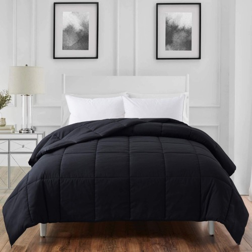 ELNIDO QUEEN All-Season Black Down Alternative Quilted Comforter- Corner Duvet Tabs-Machine Washable-Duvet Insert or Stand-Alone Lightweight Comforter-Queen Size(88×92 Inch) - Black Queen