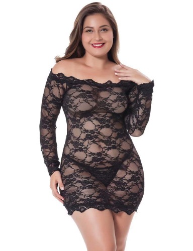 LINGERLOVE Women Plus Size Sexy Lingerie Chemise Floral Lace Babydoll See Through Nightgown S-4XL - Black XL / XXL
