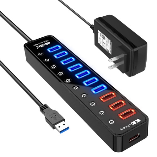 USB Hub, atolla Powered USB 3.0 Hub, 11-Port USB Splitter（7 USB 3.0 Data Ports+4 USB 3.0 Smart Charging Ports） with Individual On/Off Switches and 12V/4A Power Adapter for High Power USB Devices - 