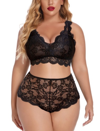 Avidlove Plus Size Lingerie Set Lace Bralette High Waist Panty Set - Pure Black 14 Plus