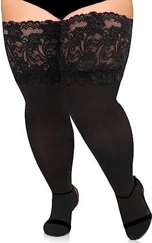 Moon Wood Plus Size Thigh High Stockings 55D Semi Sheer 6.88IN Silicone Lace Top Stay Up Lingerie Thigh High for Women - One Size Plus - Black