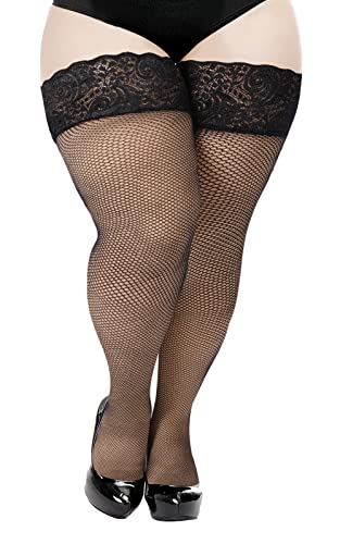 Moon Wood Plus Size Fishnet Stockings Womens Sheer Silicone Lace Top Stay Up Lingerie Fishnets Thigh Highs Stockings - One Size Plus - Black-small Mesh