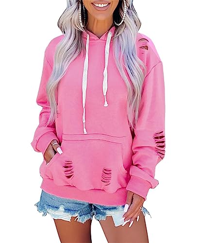 Melliflo Oversized Ripped Sweatshirts for Women Trendy Hooded Pullovers Solid Color Loose Pocket Hoodies Fall Tops - XX-Large - Pink