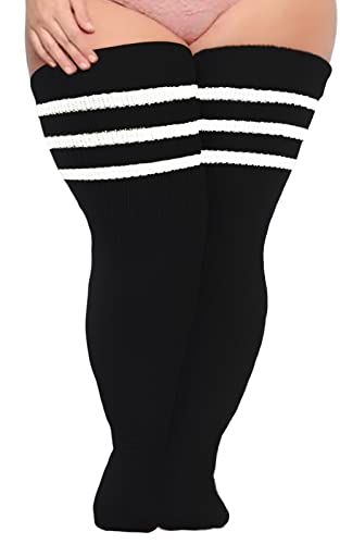Plus Size Womens Thigh High Socks for Thick Thighs- Extra Long Striped Thick Over the Knee Socks- Leg Warmer Boot Socks - Large Plus - Black & White