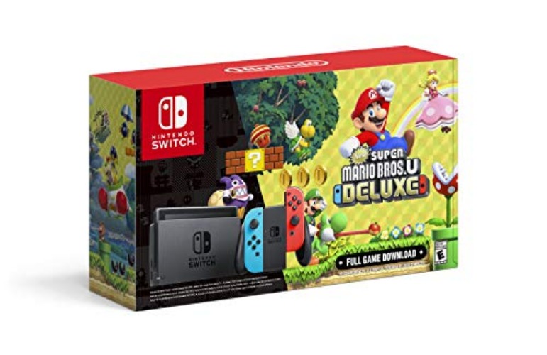 Nintendo Switch with Neon Blue and Neon Red Joy-Con + New Super Mario Bros. U Deluxe (Full Game Download) - Switch Console
