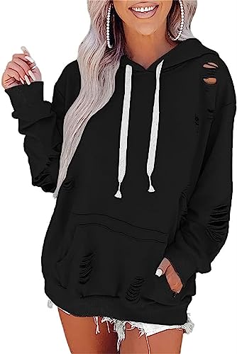 Melliflo Oversized Ripped Sweatshirts for Women Trendy Hooded Pullovers Solid Color Loose Pocket Hoodies Fall Tops - XX-Large - Black