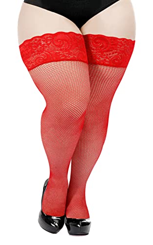 Moon Wood Plus Size Fishnet Stockings Womens Sheer Silicone Lace Top Stay Up Lingerie Fishnets Thigh Highs Stockings - One Size Plus - Red-small Mesh