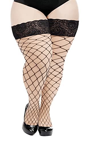 Moon Wood Plus Size Fishnet Stockings Womens Sheer Silicone Lace Top Stay Up Lingerie Fishnets Thigh Highs Stockings - One Size Plus - Black-large Mesh