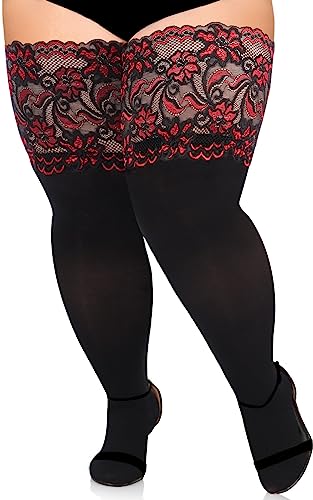 Moon Wood Plus Size Thigh High Stockings 55D Semi Sheer 6.88IN Silicone Lace Top Stay Up Lingerie Thigh High for Women - One Size Plus - Black & Red