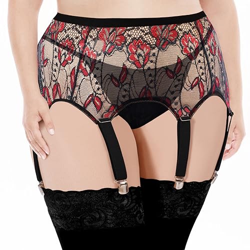 Garter Belt Plus Size High Waist Garter Belts with 6 Vintage Metal Clips for Stockings Women Lingerie - Black & Red Lace - 4XL/5XL