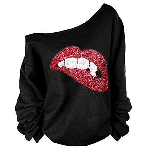 MAGICMK Woman’s Sweatershirt Lips Print Causal Blouse Off The Shoulder Long Sleeve Loose Slouchy Pullover Plus Size Tops - Black+rseq - XX-Large