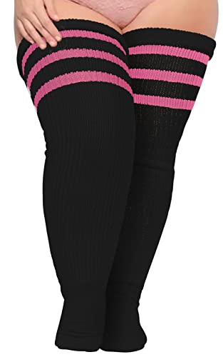 Plus Size Womens Thigh High Socks for Thick Thighs- Extra Long Striped Thick Over the Knee Socks- Leg Warmer Boot Socks - Large Plus - Black & Pink