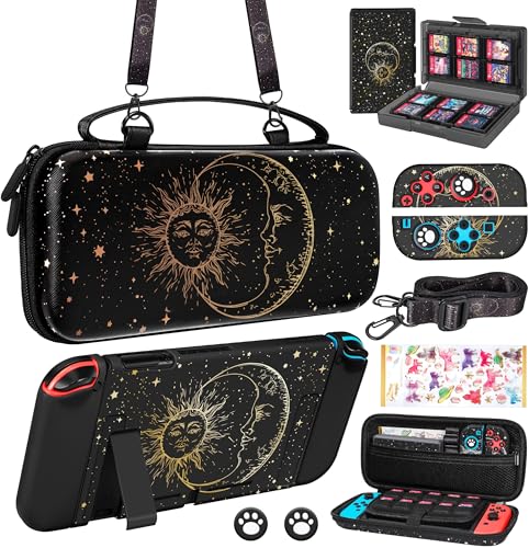 Gurgitat 9in1 Sun Moon Witchy Switch Case for Nintendo Switch Carrying Cases & Storage Accessories Bundle Kit Thumb Grip+Game Holder+Dockable Skin+Shoulder Strap+Sticker for Switch Travel Pouch Bag - 3-Black Sun Moon - for Nintendo Switch