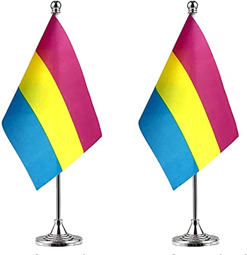 WXTWK 2 Pack Pansexual Pan Pride Rainbow Desk Flag Small Mini Gay LGBT Table Flags With Stand Base,Rainbow Mardi Gras Festival Events Celebration Decorations - Pansexual Rainbow flag