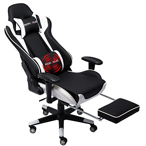NOKAXUS Gaming Chair Large Size High-back Ergonomic Racing Seat with Massager Lumbar Support and Retractible Footrest PU Leather 90-180 degree adjustment of backrest Thickening sponges (YK-6008-WHITE) - Yk-6008-white
